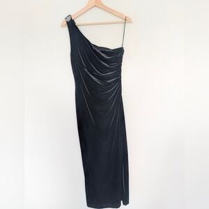 Lauren Ralph Lauren Evening Sz 12 Petite Black One Shoulder Ruched Dress Brooch